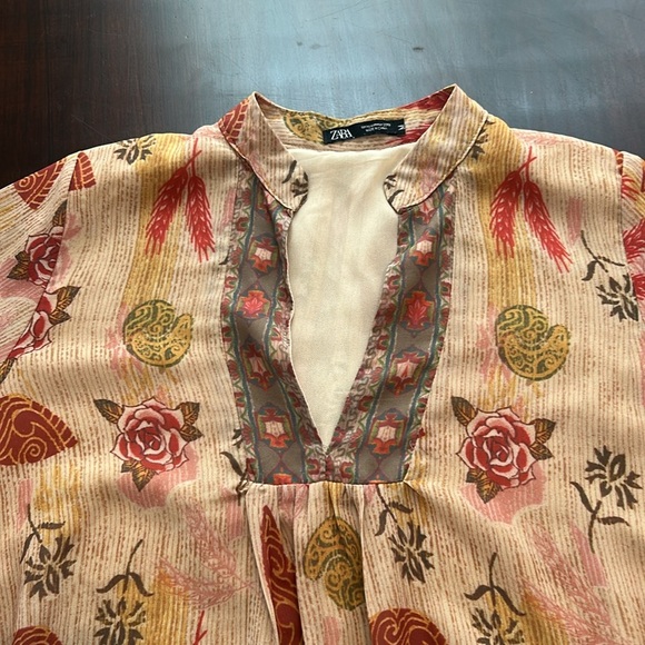 Zara Woman Bohemian Floral Mini Dress 3/4 Bell Sleeve Tunic Style Size M - Picture 13 of 14